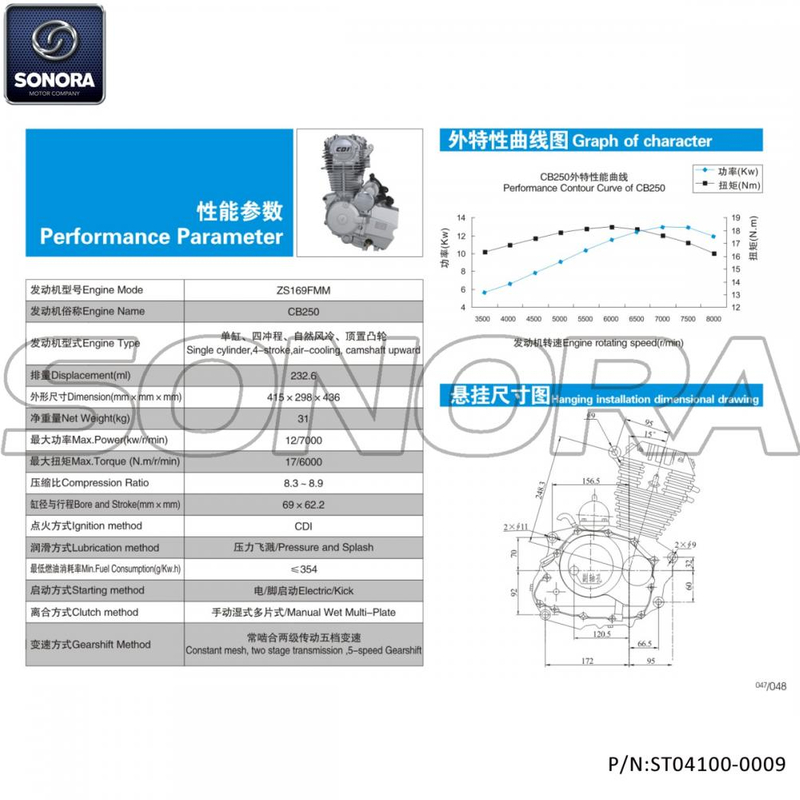 Motor ZONGSHEN 169FMM (CB250) (P / N: ST04100-0009) Calidad superior