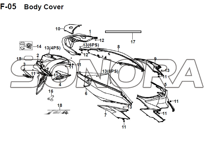 F-05 Body Cover JET 14 XS175T-2 para SYM Repuesto de calidad superior